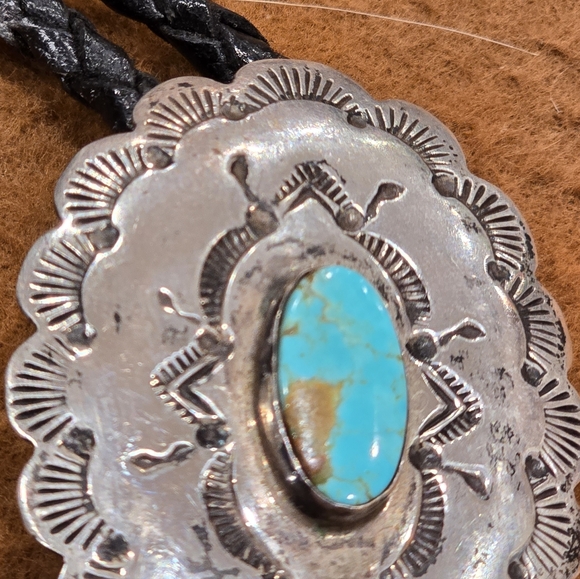 Navajo Sterling Silver Handmade Turquoise Concho Style Bolo Tie "RTL" - Picture 3 of 16